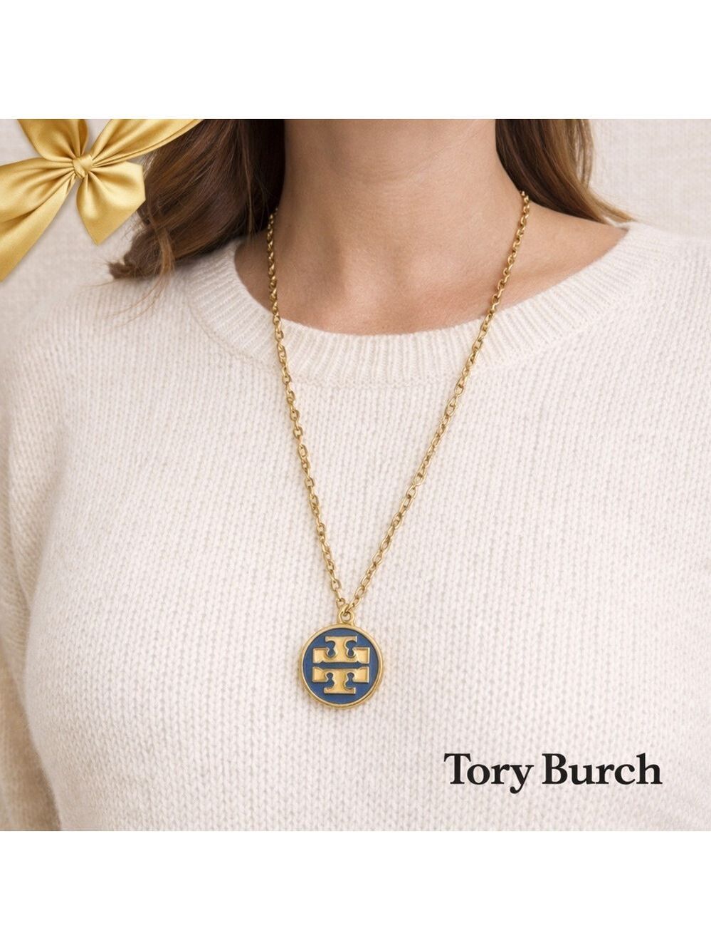 Tory Burch Blue Enamel Logo Medallion Necklace
